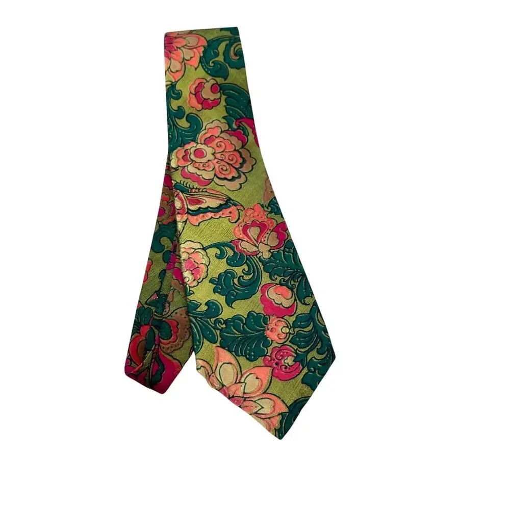 Vintage Necktie Floral Print Thai Sillk Hand Woven Multicolor